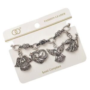 NWT Y2K Angel/Heart Crystal and Silver Plated Charm Dangle Bracelet 7.5"~8"